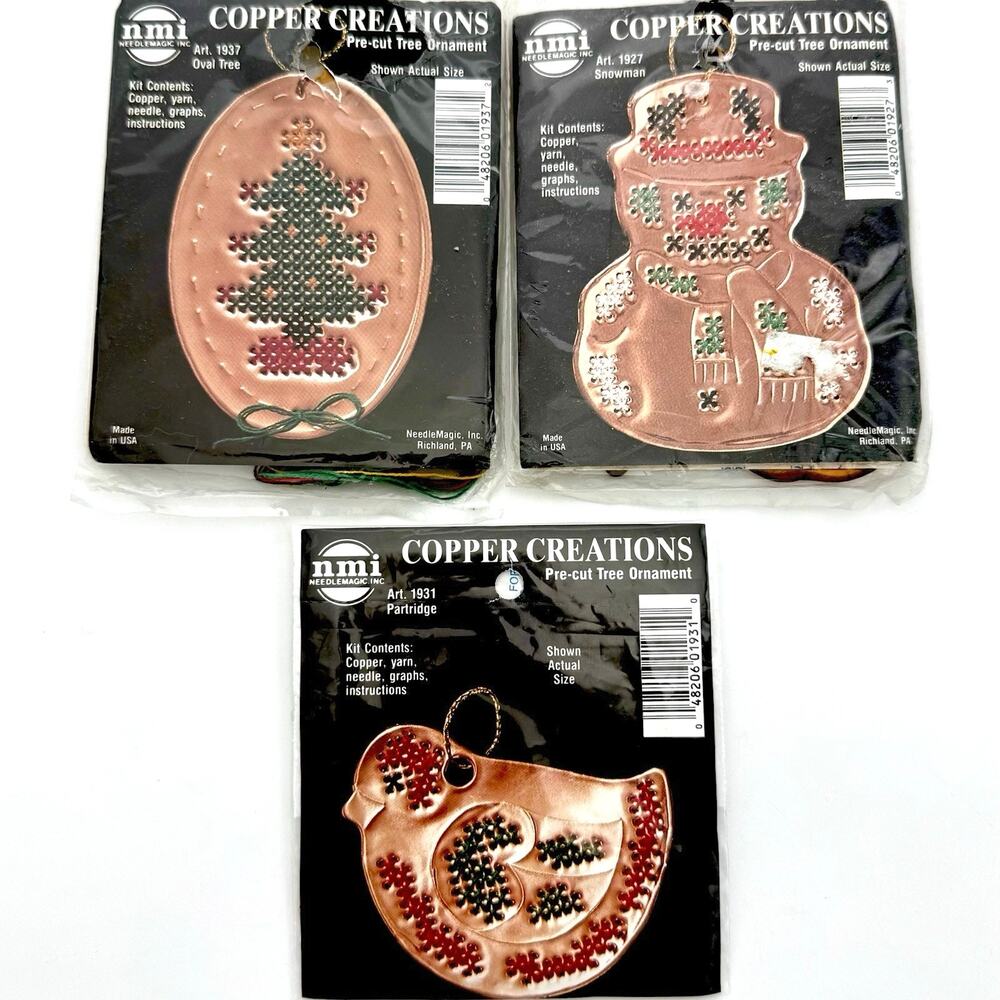 3 Vintage Copper Creations Punch and Stitch Cross Stitch Christmas Ornament Kits